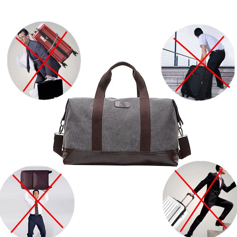 Sunshinejing Travel Duffle Bag Canvas Leather Gym Weekend Bag (Grey) - Image 4